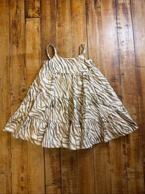 Rare Editions dress 3T Cream tan Tiered zebra print cotton strapless linen dress